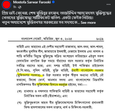মুজিবনগর সরকারের মুক্তিযোদ্ধাদের মর্যাদা বাতিলের খবর সম্পূর্ণ মিথ্যা: মোস্তফা সরয়ার ফারুকী